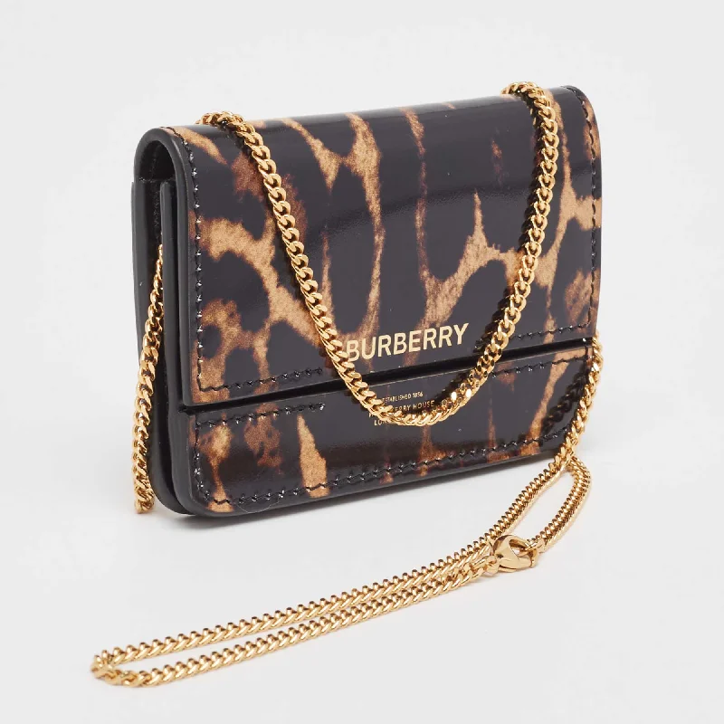 BURBERRY Black/Brown Leopard Print Leather Jody Chain Card Case