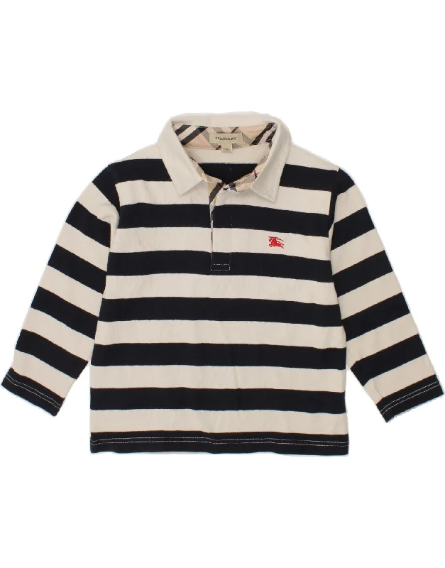 BURBERRY Boys Long Sleeve Rugby Polo Shirt 2-3 Years White Striped Cotton