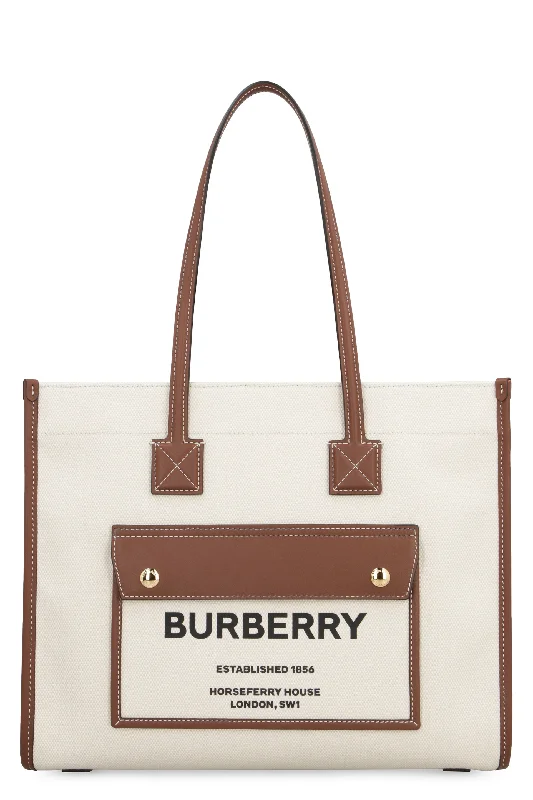 BURBERRY Canvas Tote Handbag with Leather Details and Front Flap Pocket