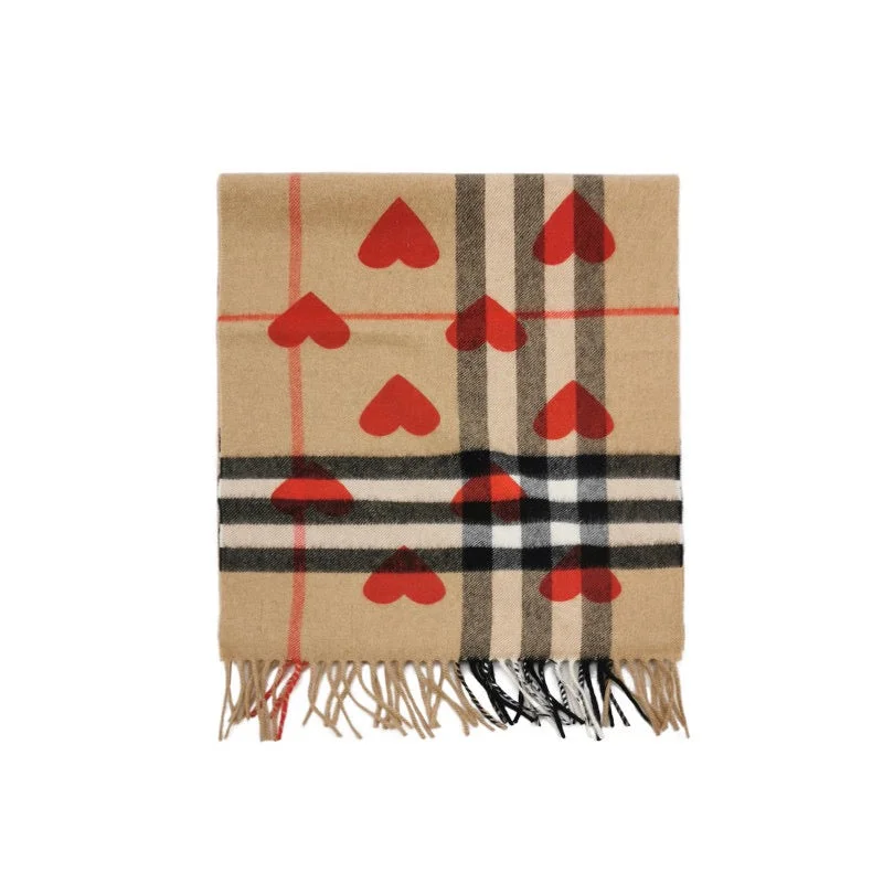 Burberry Cashmere Tartan Heart Fringe Scarf