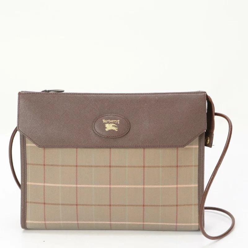 Burberry Horse Check Leather Canvas Shoulder Bag Handbag Tote Brown Women's