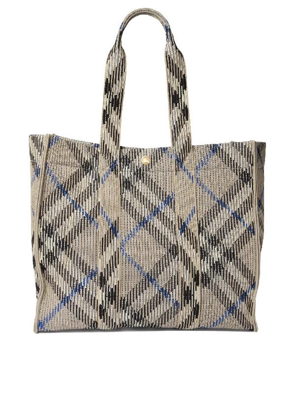 BURBERRY Large Check Knit Tote Shoulder Bag