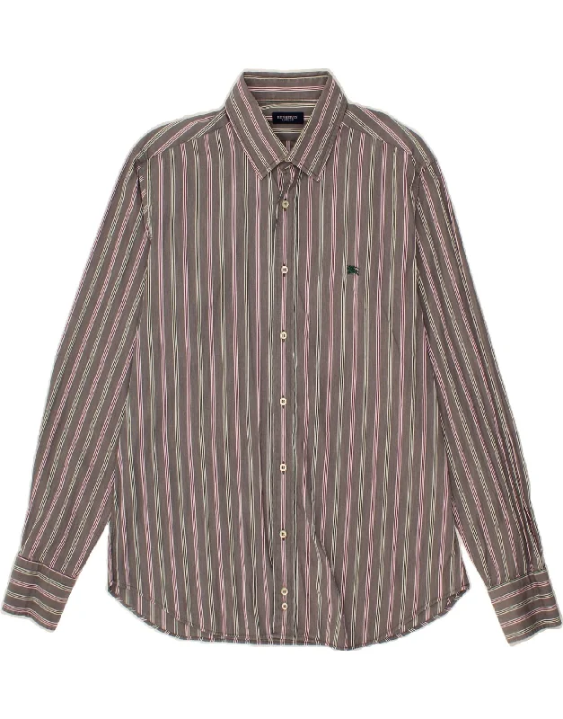 BURBERRY Mens Shirt Large Grey Striped Cotton