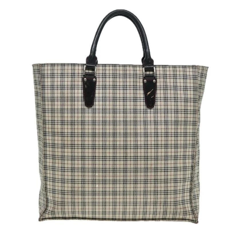 BURBERRY Nova Check Blue Label Hand Bag Nylon Beige Silver  bs16646