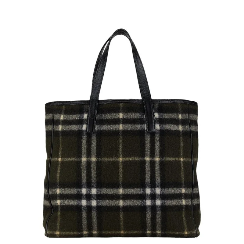 Burberry Nova Check Blue Label Tote Bag Khaki Black Felt Leather Women's BURBERRY