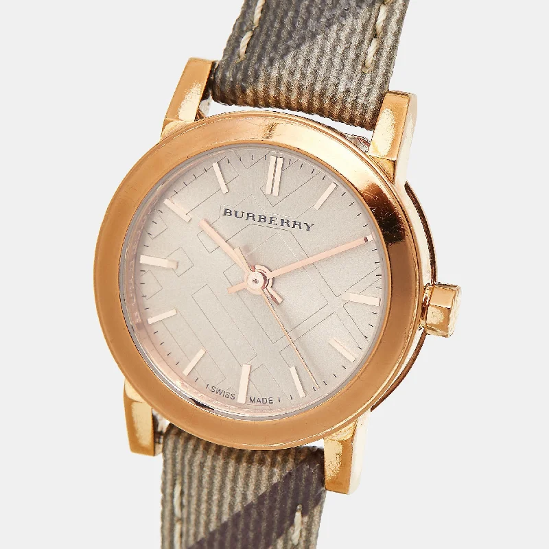 BURBERRY Rose Gold PVD Coated Stainless Steel Canvas Leather The City BU9236 Women's Wristwatch 26 mm