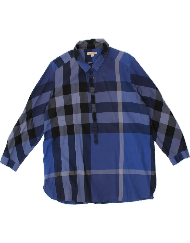 BURBERRY Womens 3/4 Sleeve Pullover Shirt UK 18 XL Blue Check Cotton