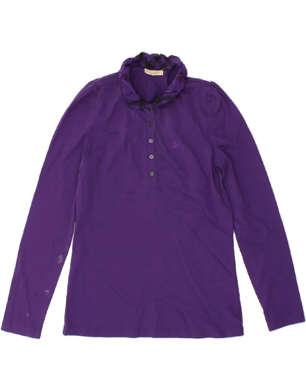 BURBERRY Womens BRIT Long Sleeve Polo Shirt UK 12 Medium Purple Cotton