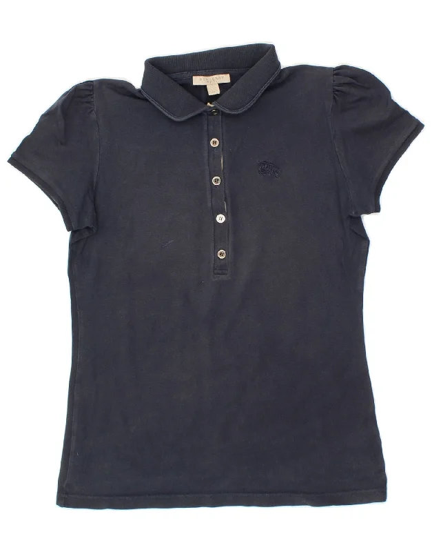 BURBERRY Womens BRIT Polo Shirt UK 12 Medium Navy Blue Cotton