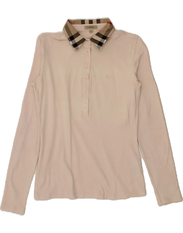 BURBERRY Womens Long Sleeve Polo Shirt UK 10 Small Pink Cotton