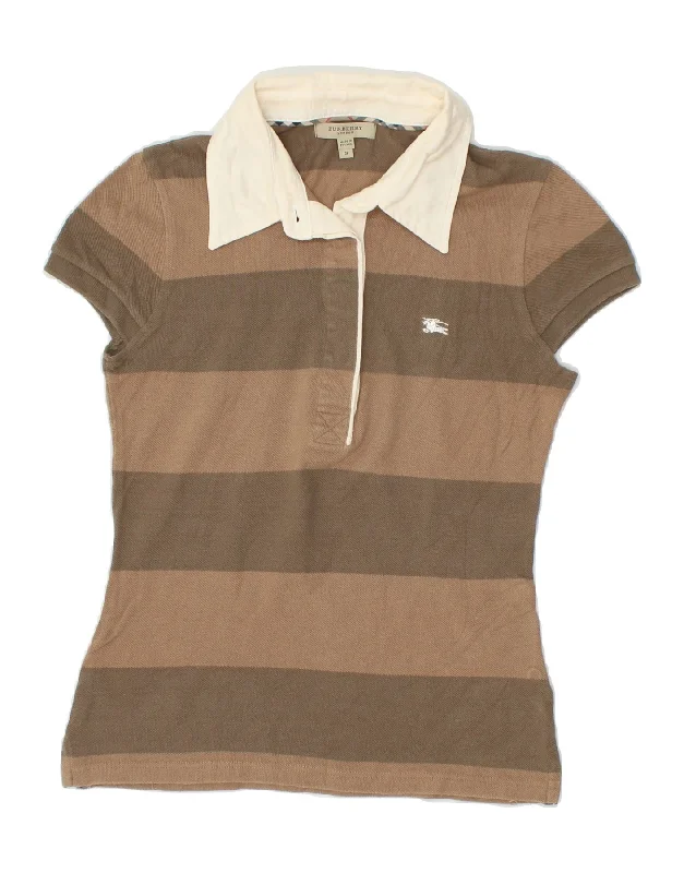 BURBERRY Womens Polo Shirt UK 10 Small Brown Striped Cotton