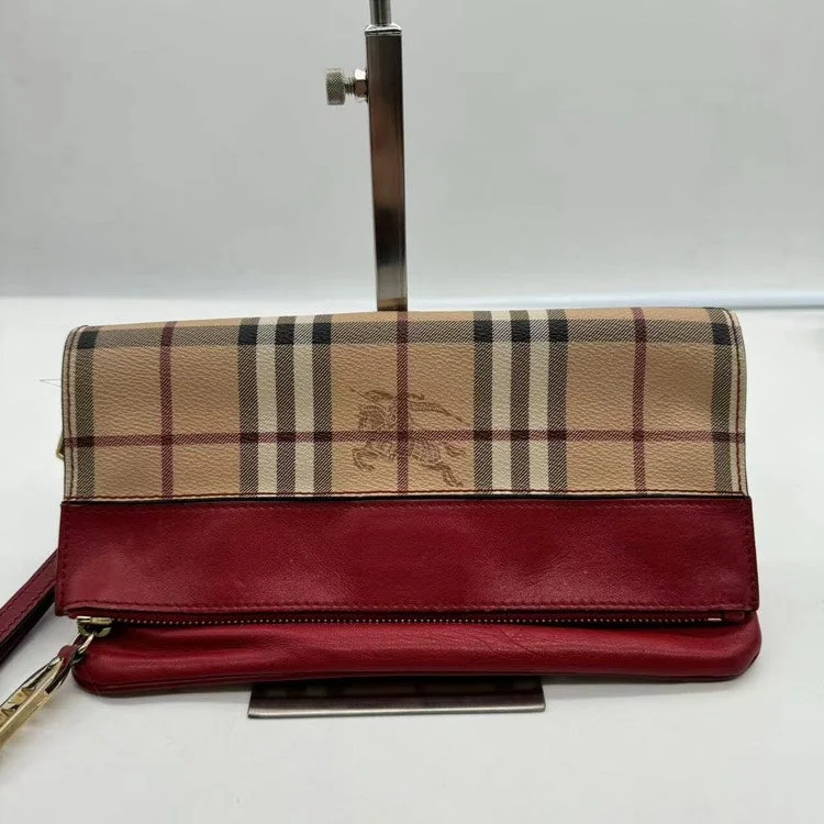 Burberry Beige and Red Plaid Leather Clutch Wallet Small Size